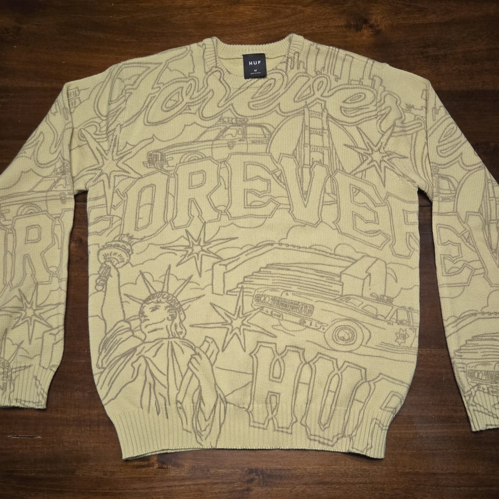 Huf Forever Sweater Pistachio Mens Size Medium Rare Soft Cityscape Homage Cotton